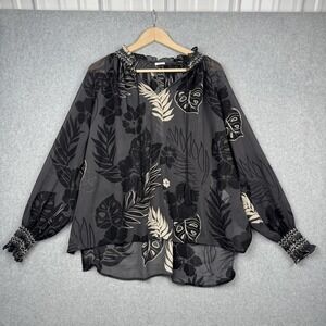 Cabi Top Womens Large Black Gray Sheer Floral Leaf Print Smocked Boho 5597